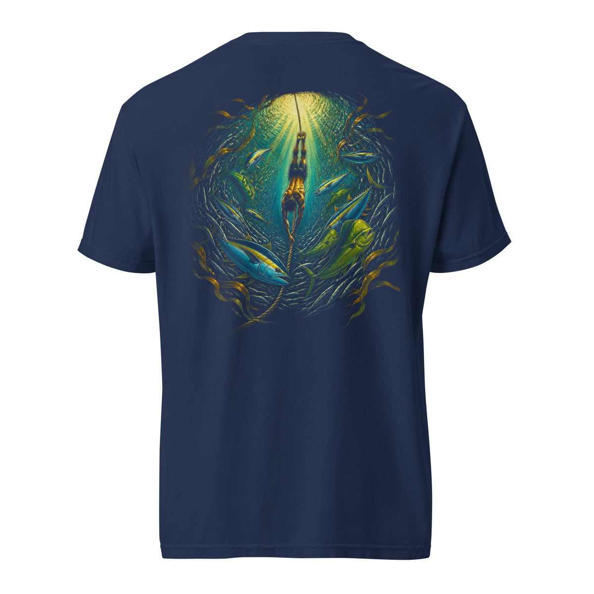 Descent Tee in true navy, back print