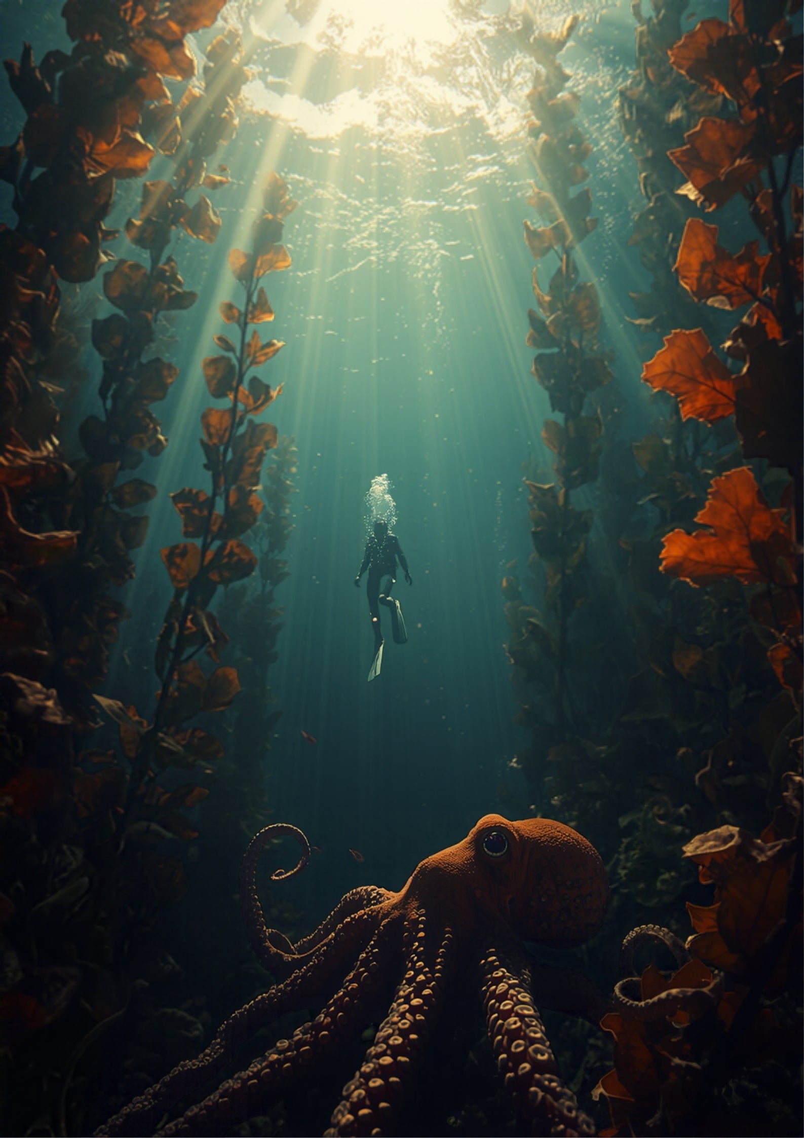 Freediver above an octopus in a kelp forest